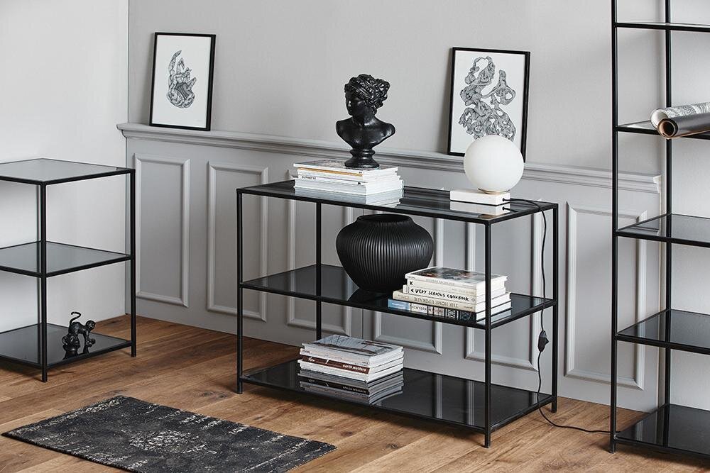 ORINOCO Eisen-Bücherregal von Nordal mit schwarzen Glasböden, 175 x 50 cm 